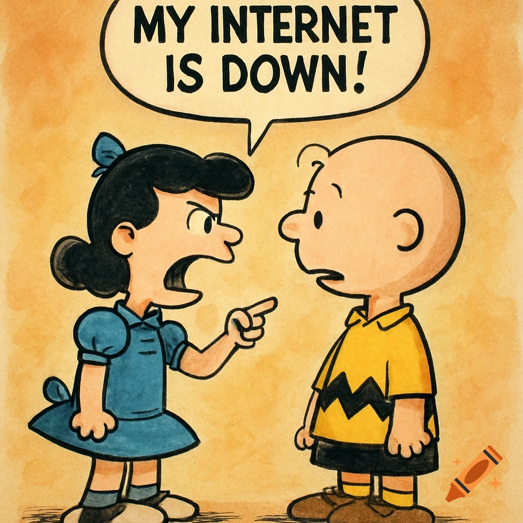 Lucy Van Pelt yells at Charlie Brown, with a speech bubble reading 'MY INTERNET IS DOWN!', in a comic panel style.
