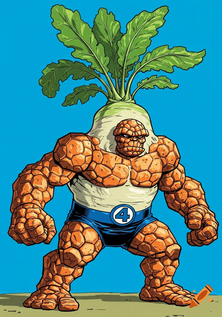 Comic illustration of Fantastic Four's Thing character with a radish for a head