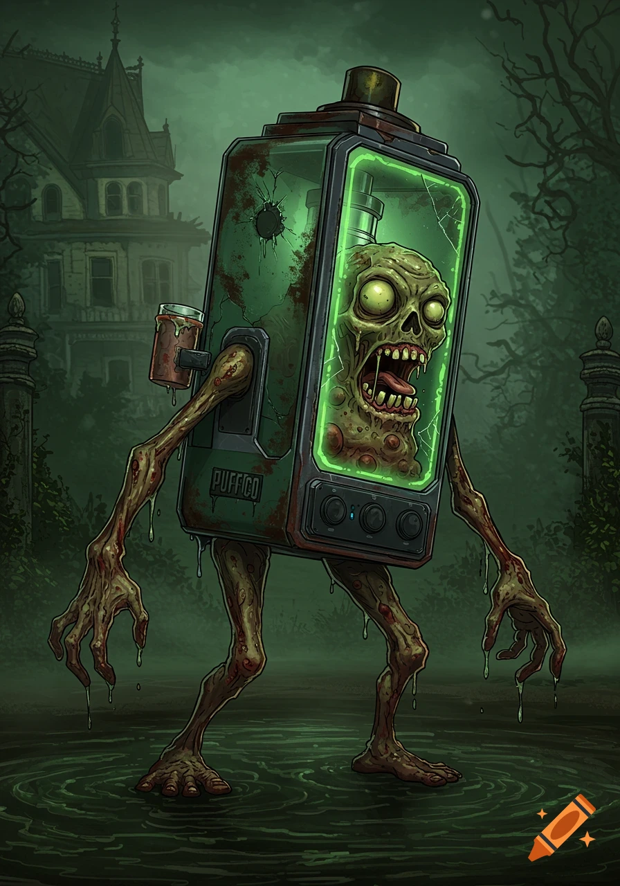 A cartoonish zombie-like creature with glowing green eyes is enclosed in a glass chamber body labeled "PUFFCO", standing in a misty graveyard.