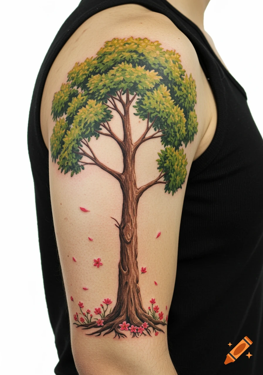 Photorealistic tattoo of a tree with pink flowers on an arm