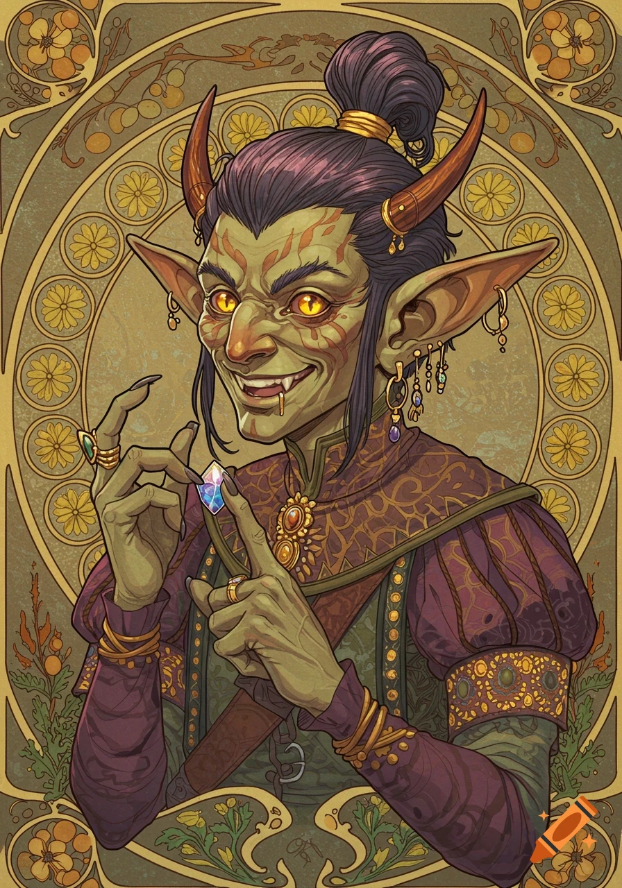A goblin character in Art Nouveau style holding a gem.