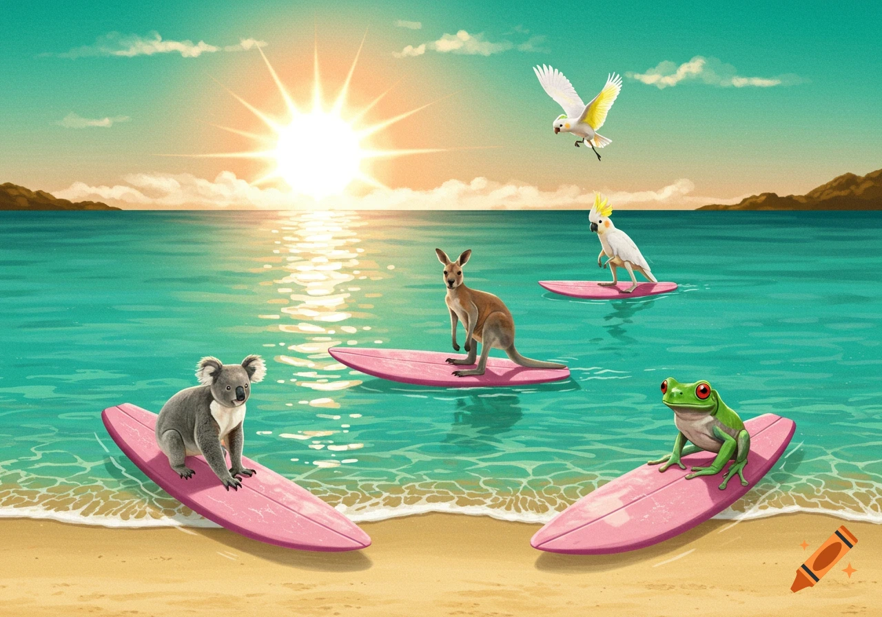 Australian animals including a koala, kangaroo, cockatoo, and frog surf on pink boards in the ocean at sunset.