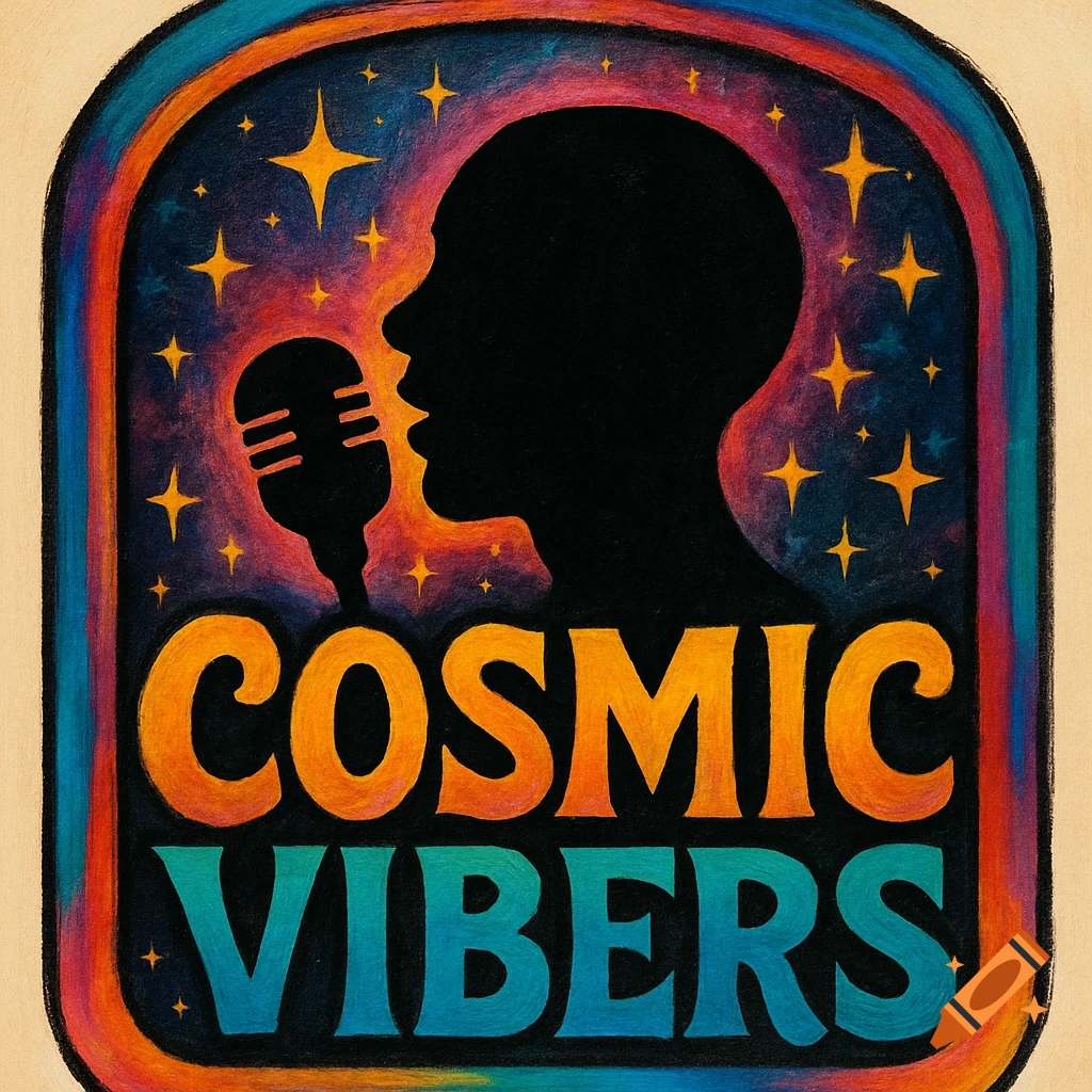 Retro style logo with a black silhouette of a person singing into a microphone against a starry space background. Text says "COSMIC VIBERS".