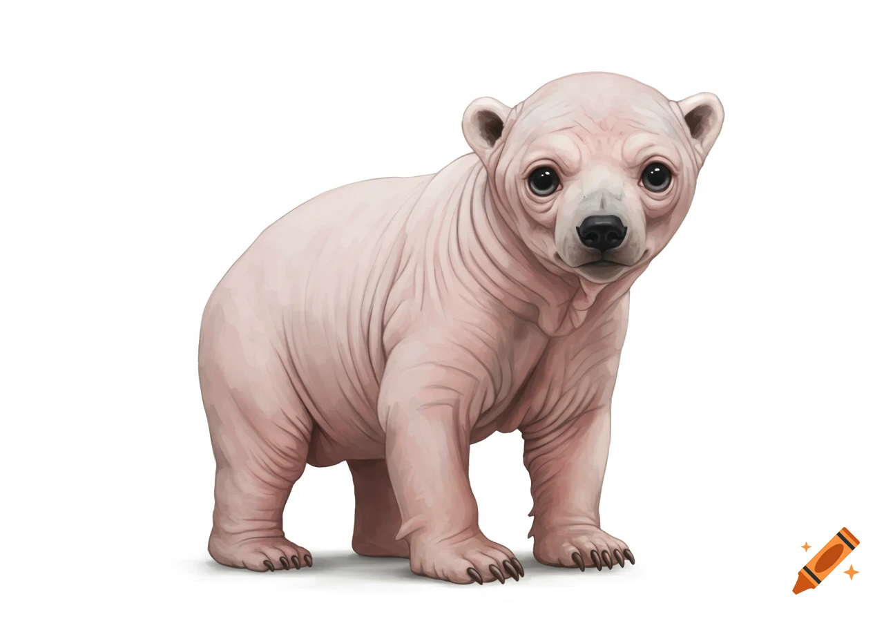 Stylized illustration of a hairless polar bear cub with wrinkled pink skin and large dark eyes standing on a white background.