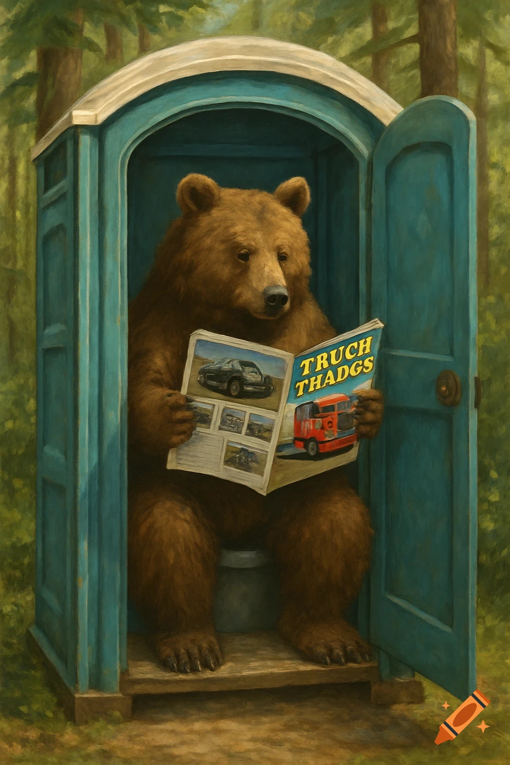 Illustration of a bear sitting in a porta potty in the woods reading a magazine.