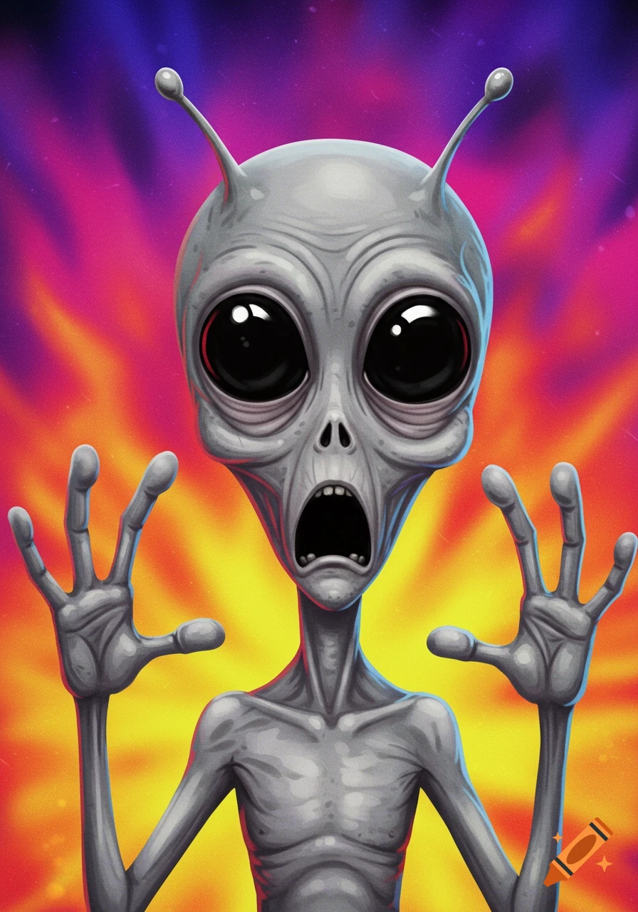 A grey alien with wide eyes and mouth open, hands raised, looks scared against a vibrant swirling background.