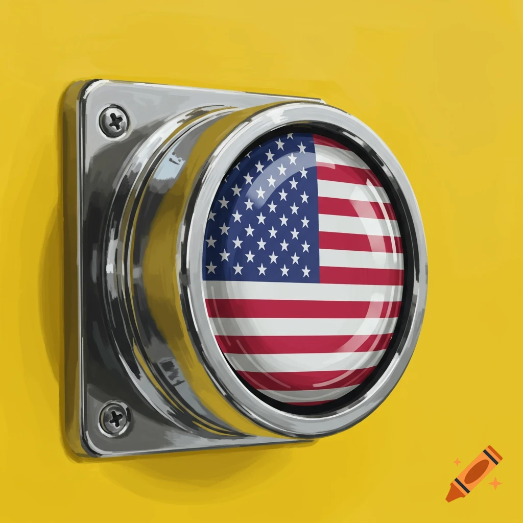 Close-up of a chrome door viewer with the American flag visible inside, mounted on a yellow surface.