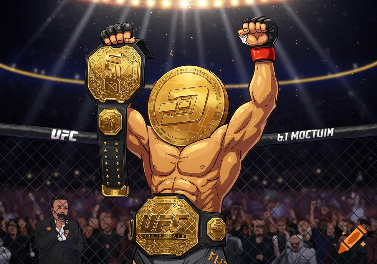 Cartoon illustration of a gold coin character with the Dash logo, holding two UFC championship belts in a ring.
