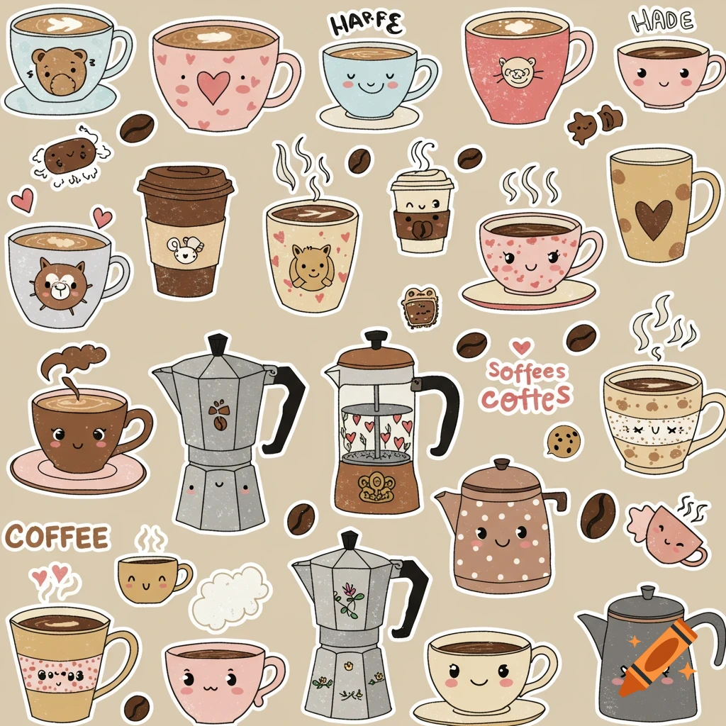 A set of cute cartoon coffee cups, pots, and beans as stickers on a neutral background.