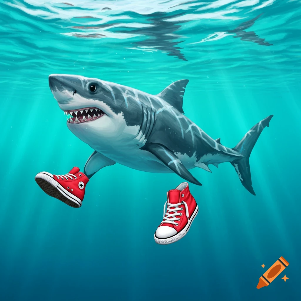 A great white shark swims underwater wearing red high-top sneakers.