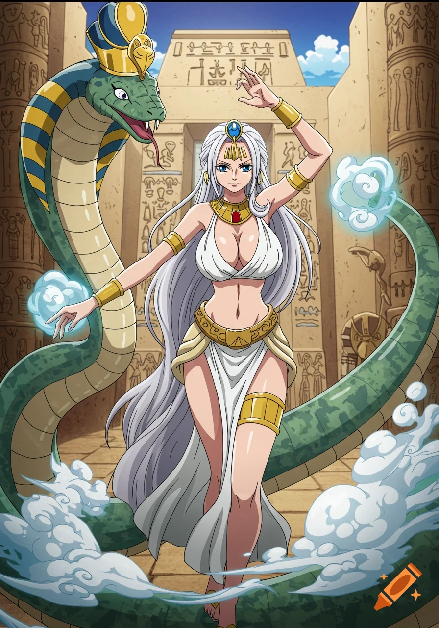 Anime illustration of a woman in Egyptian attire with a giant cobra before a temple.