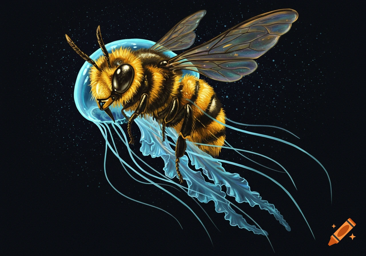 A furry yellow and black bee with iridescent wings emerges from a translucent blue jellyfish floating in dark space.