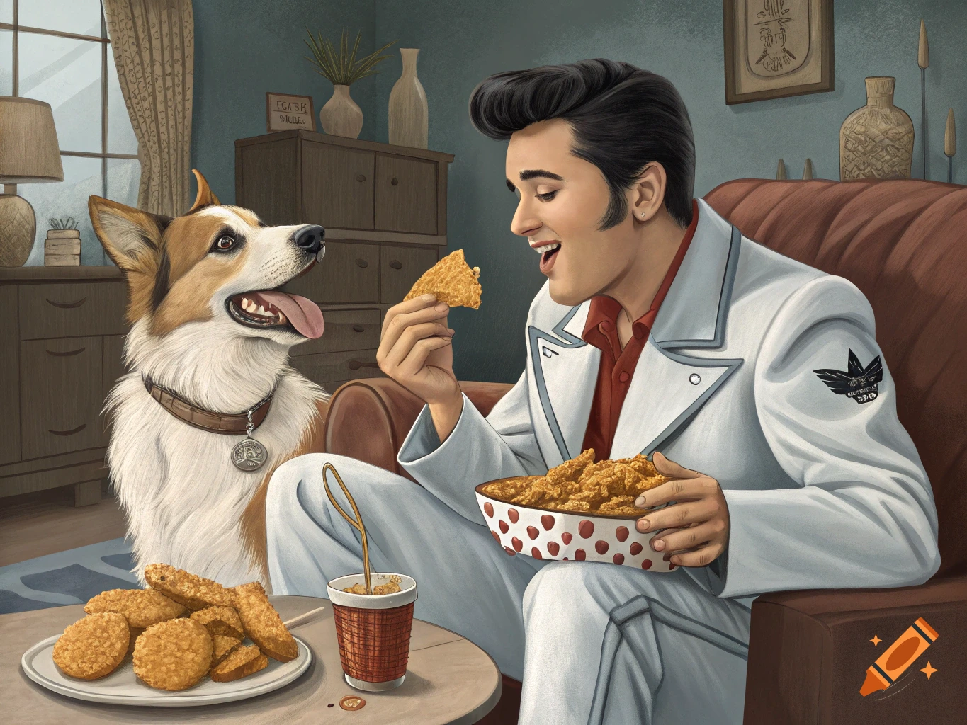 Illustration of Elvis Presley in a white suit sharing fried chicken with a corgi in a living room.