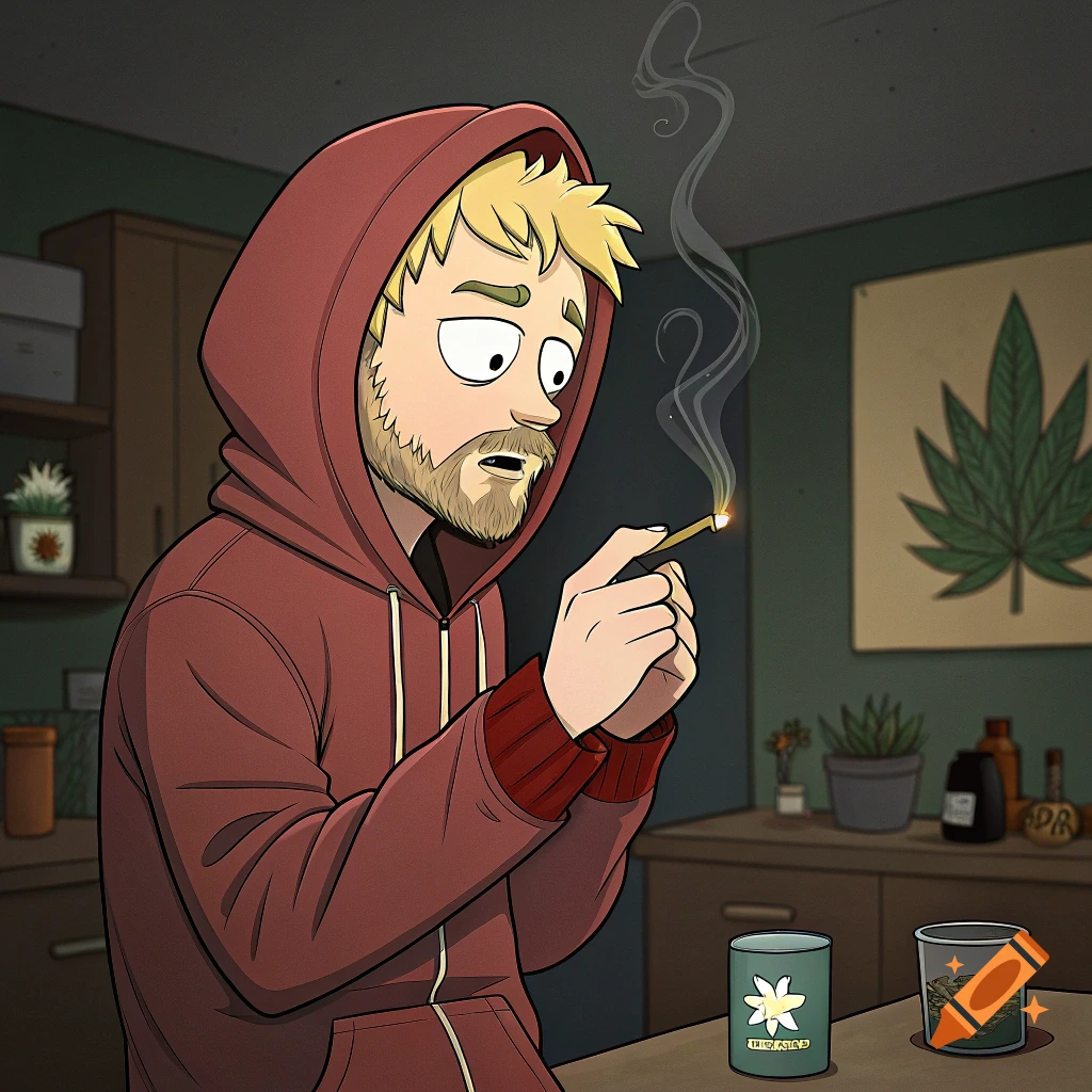 Cartoon man in a red hoodie lights a joint in a room with a marijuana leaf poster.