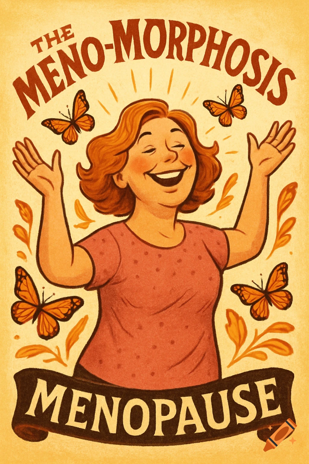 An illustration of a smiling woman with butterflies around her, with text "THE MENO-MORPHOSIS" and "MENOPAUSE".