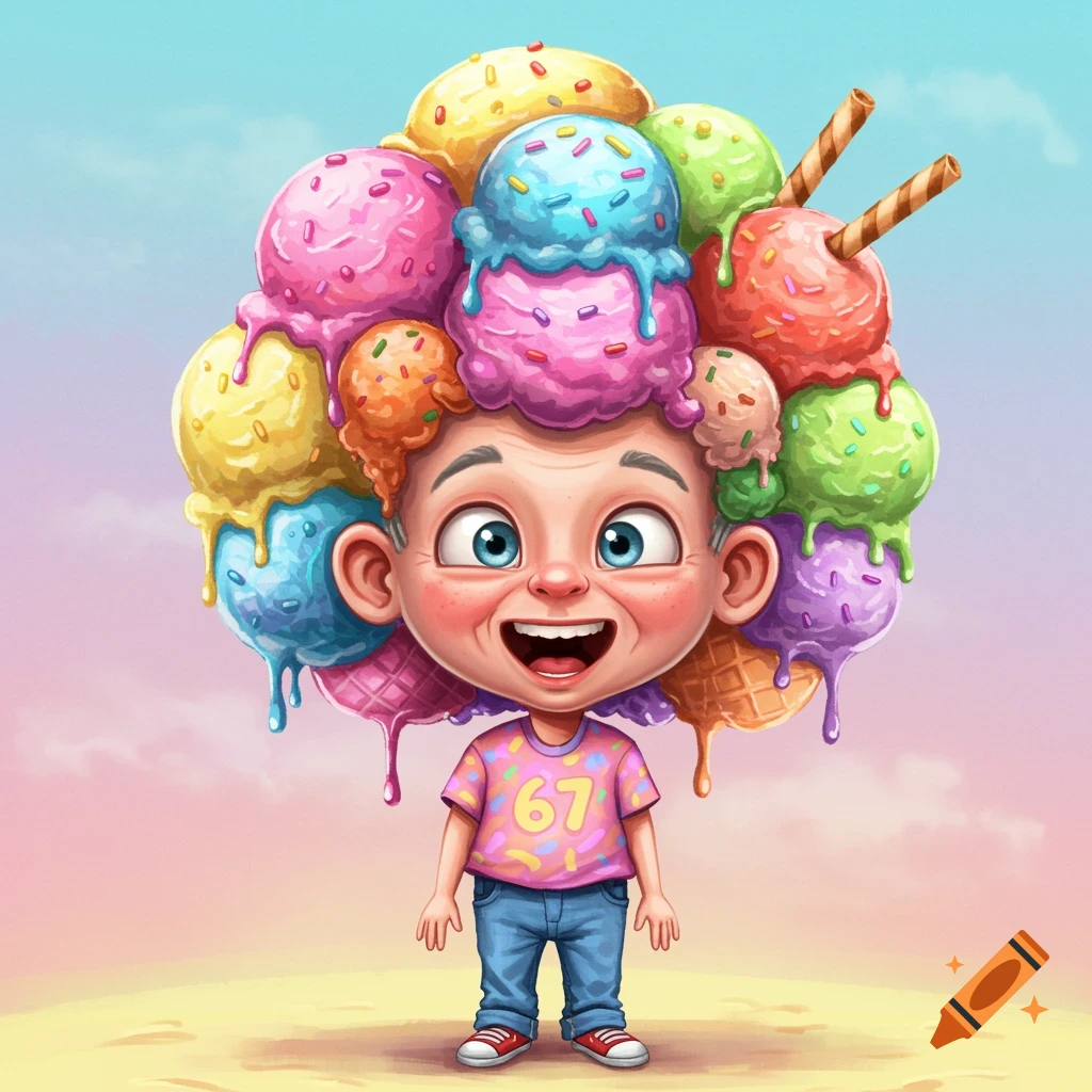 Cartoon boy with giant ice cream scoops on his head wearing a '67' shirt