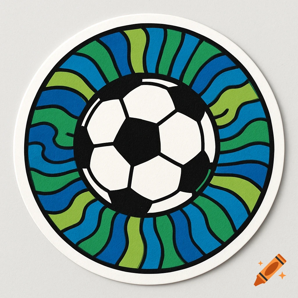 Circular sticker design of a soccer ball with a wavy blue and green background.
