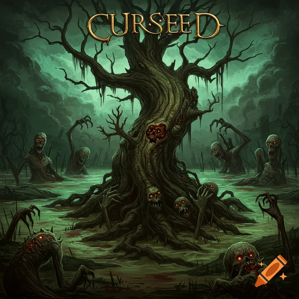 Horror fantasy art of a twisted tree in a swamp surrounded by zombie-like creatures with glowing eyes. Text at top reads "CURSEED".