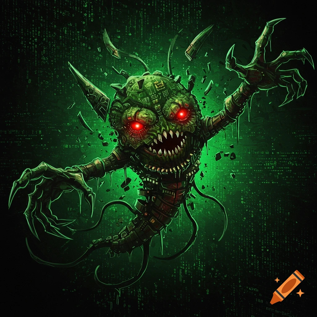 A scary green monster with red eyes and claws stands before a green matrix code background.