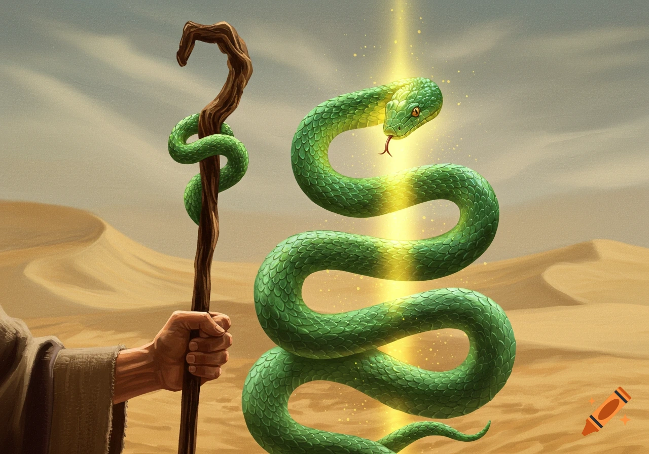 A hand holding a staff as it transforms into a large green snake in a desert.