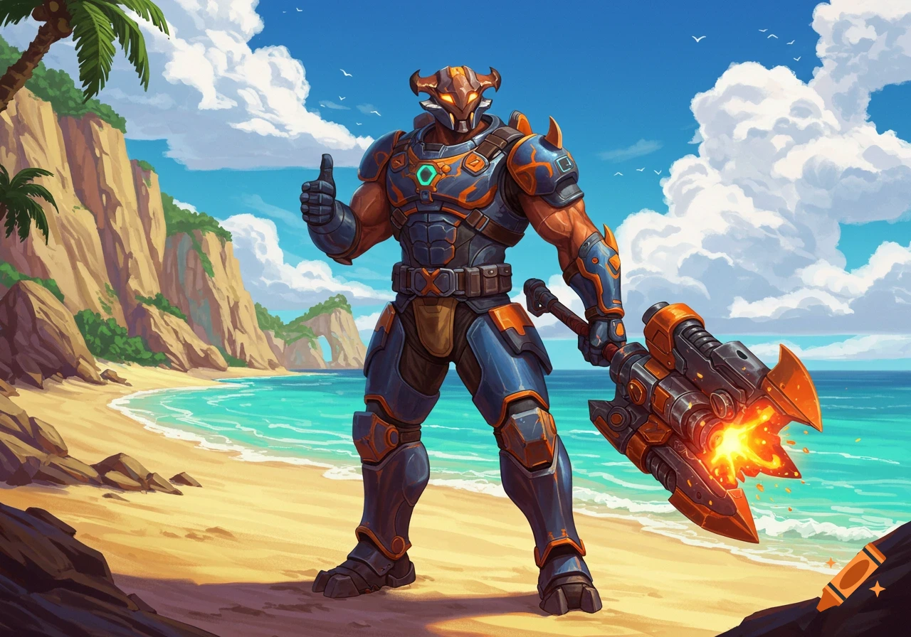 Illustrative fantasy character in armor with fiery weapon gives thumbs up on a tropical beach.