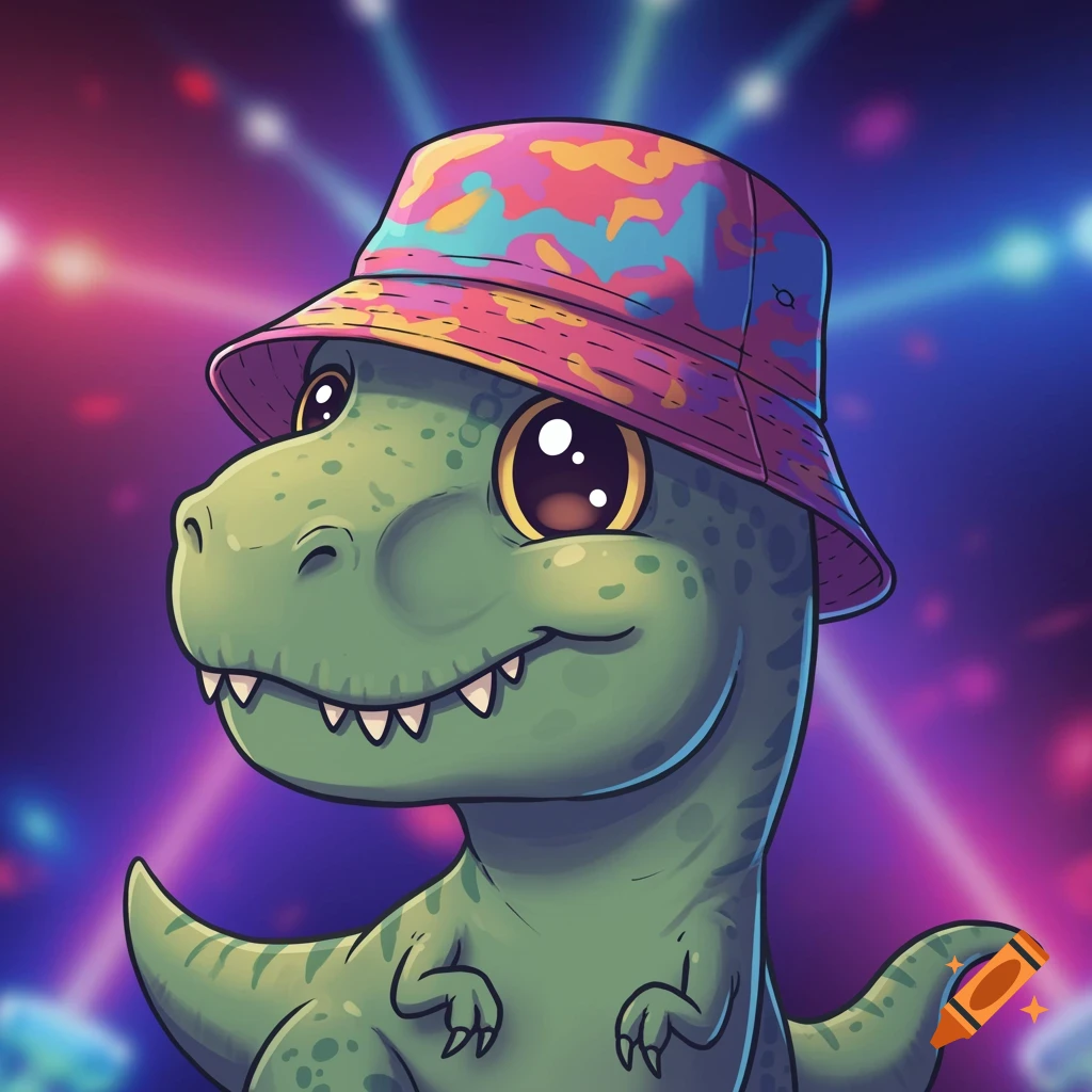 Cute cartoon T. rex wearing a colorful bucket hat at a rave.