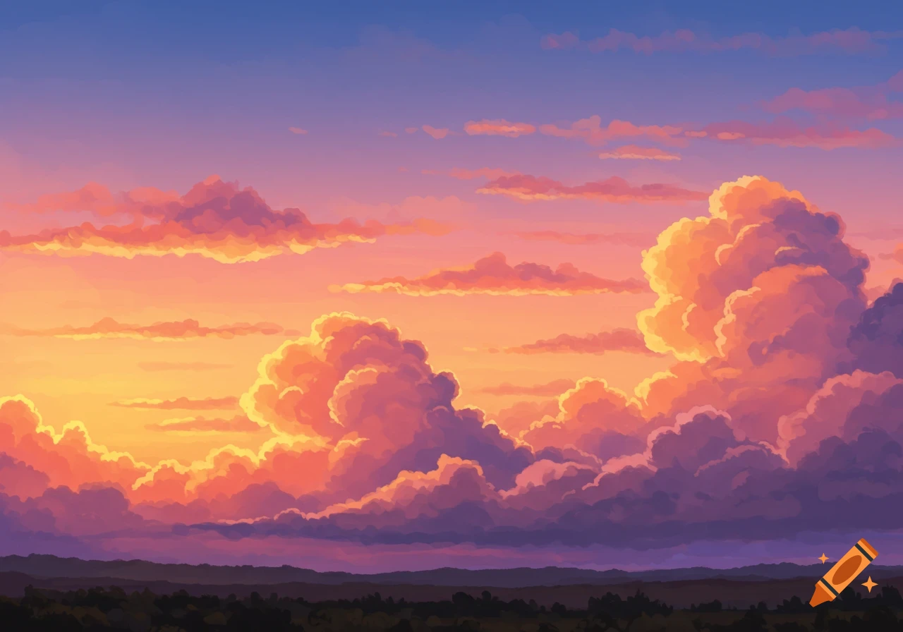 Stylized sky with vibrant orange, pink, and purple clouds at sunset over a dark landscape.