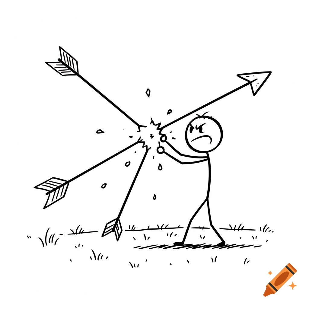 Stick figure cartoon breaking an arrow