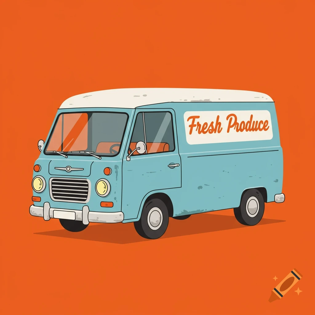 A flat vector illustration of a blue van with Fresh Produce written on the side, against an orange background.