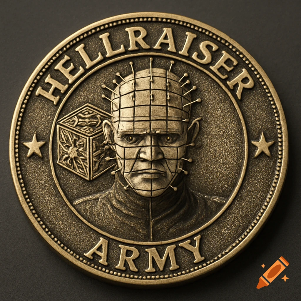 Bronze challenge coin featuring the character Pinhead and text 'HELLRAISER ARMY'.