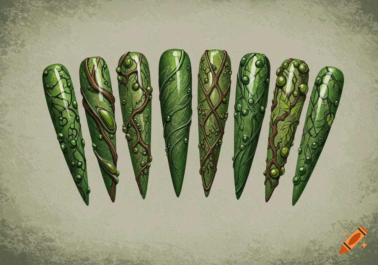 Eight stiletto artificial nails with intricate green and brown forest/woodland designs.
