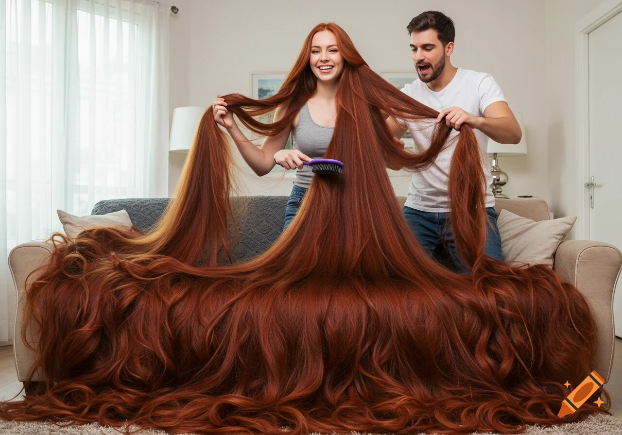 A woman and a man with the woman's extremely long red hair in a living room.