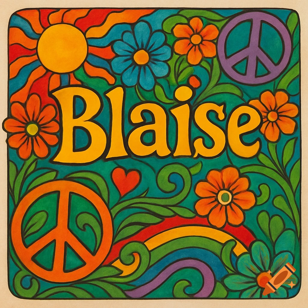 Retro style illustration with the name Blaise surrounded by flowers, peace signs, sun, and rainbow.