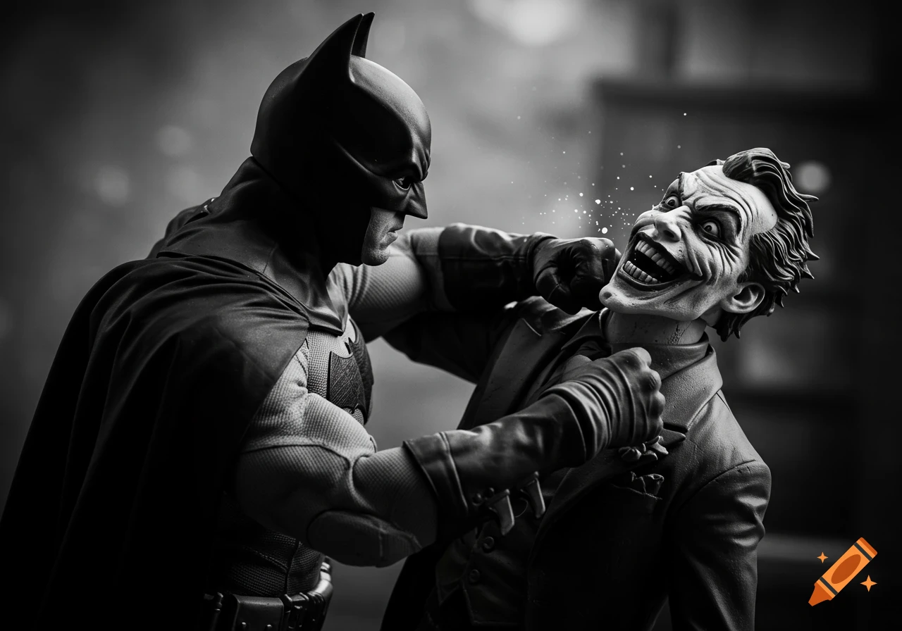 Batman punches the Joker in the face in a black and white photo.