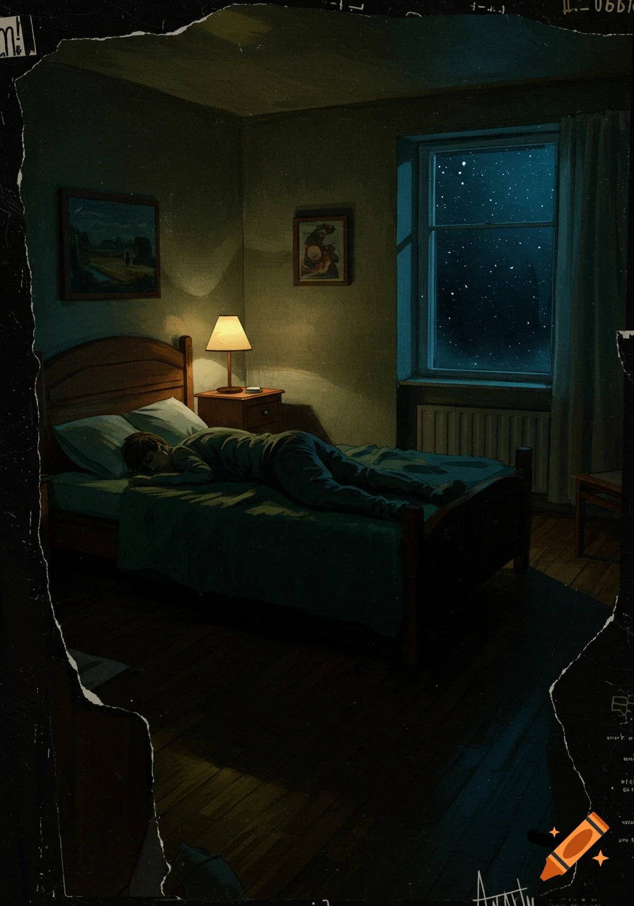 Person sleeps on bed in dimly lit room with starry night outside, lo-fi horror style.