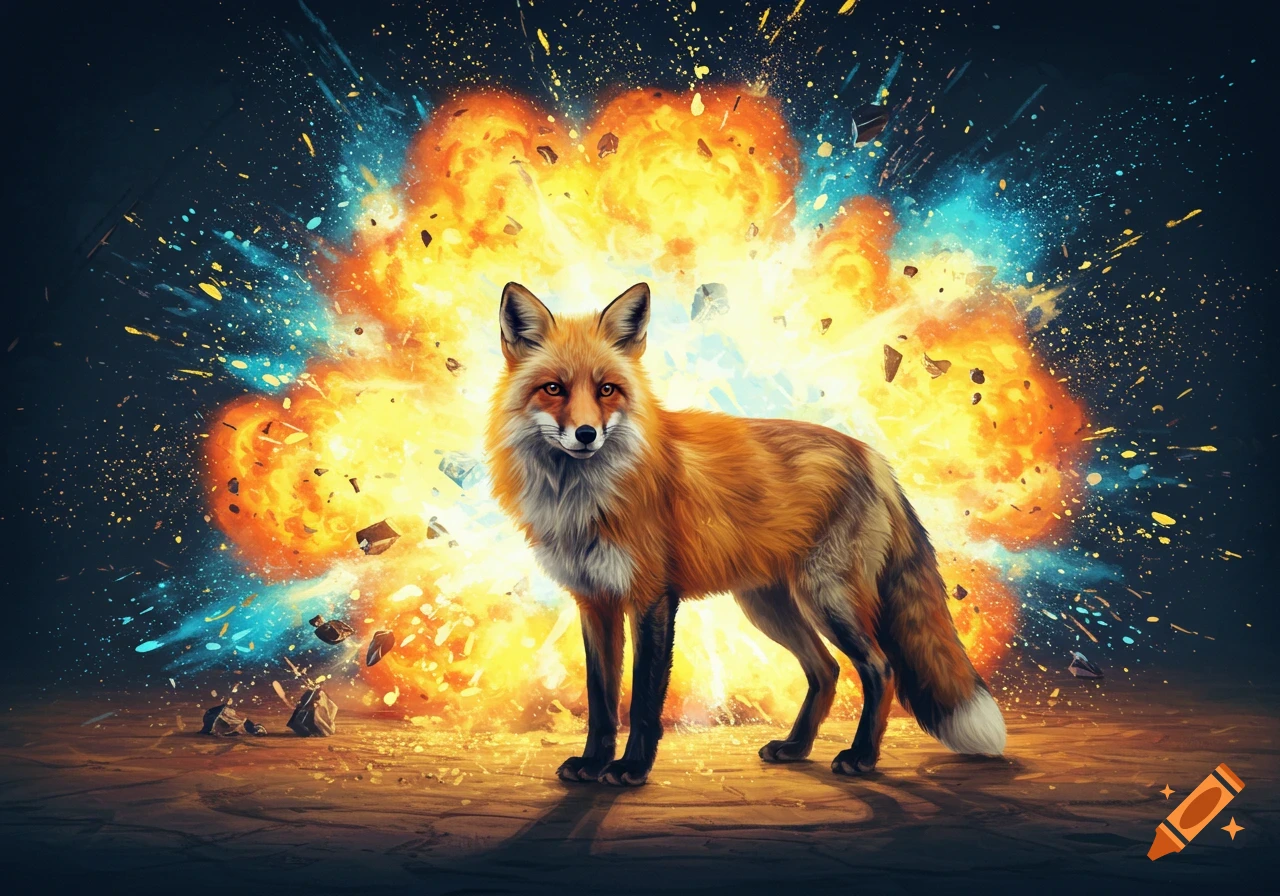 A fox stands in front of a colorful explosion.
