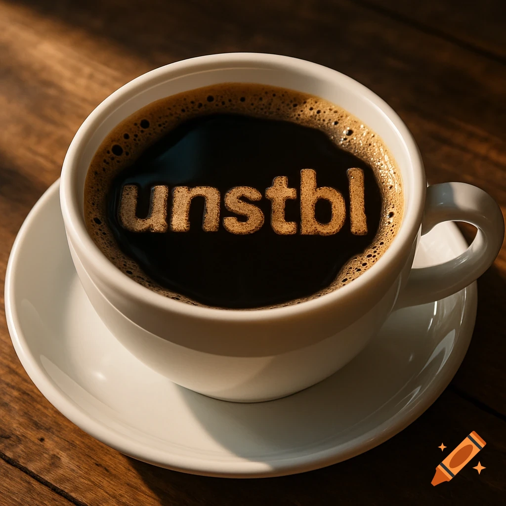 White cup of black coffee with "unstbl" text in the foam on a wooden table, realistic style.