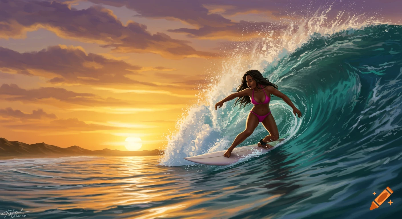 Illustration of a woman surfing a large wave at sunset.