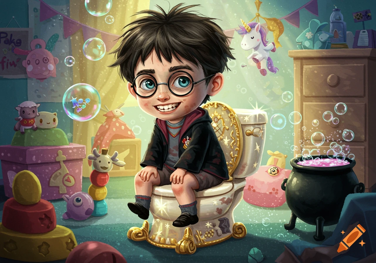 Cartoon young Harry Potter sits on a decorated toilet in a playroom with toys and a bubbling cauldron.