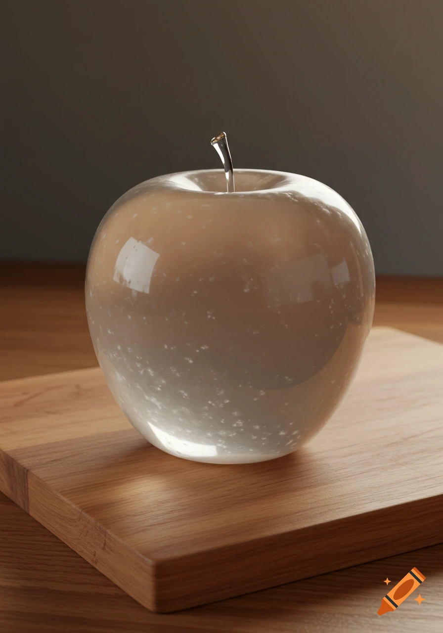 A hyper-realistic glass apple sits on a wooden cutting board under soft lighting.
