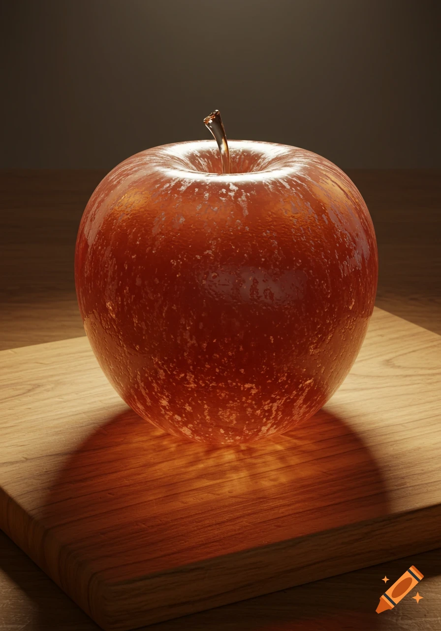 A hyper-realistic glass apple sits on a wooden cutting board.