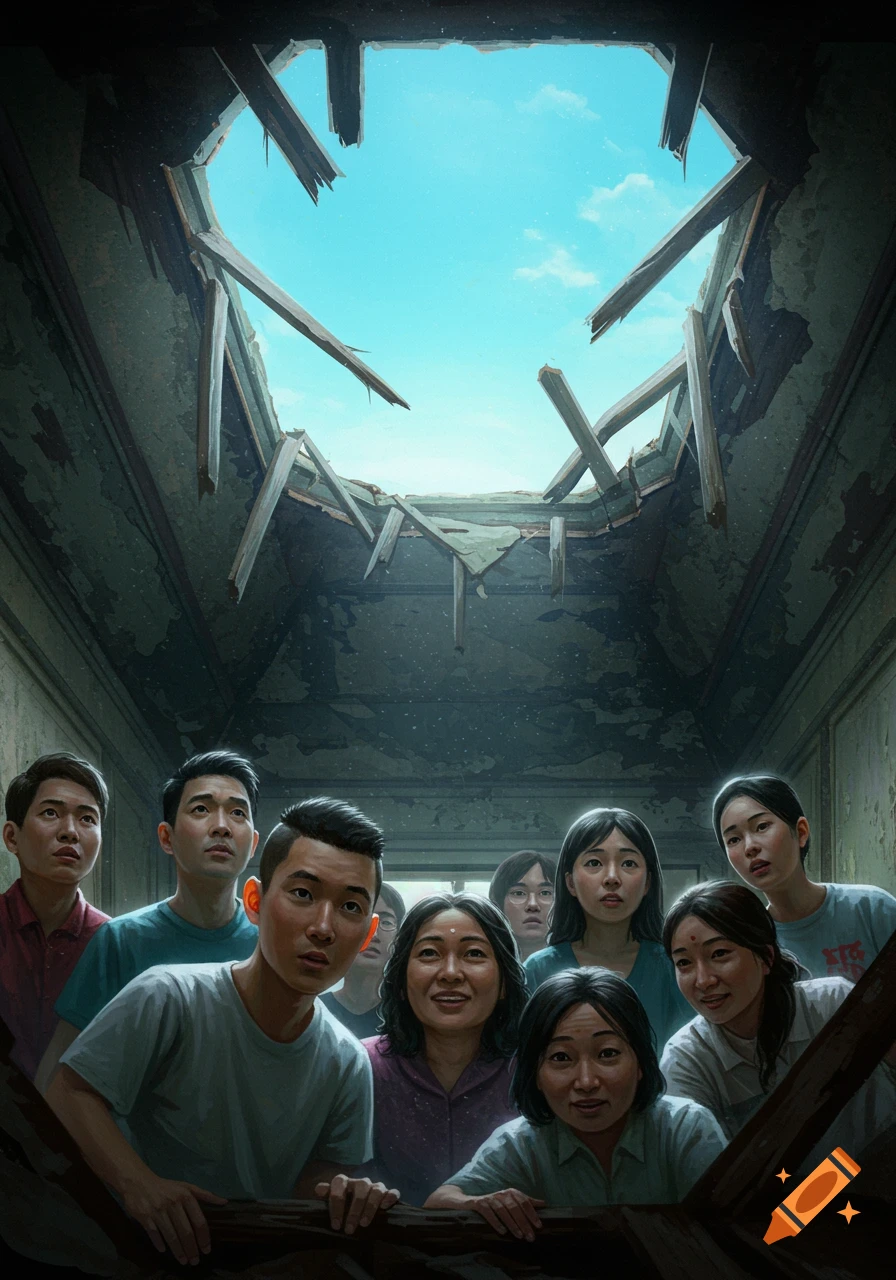 A group of people look up through a large hole in a damaged ceiling to the blue sky.