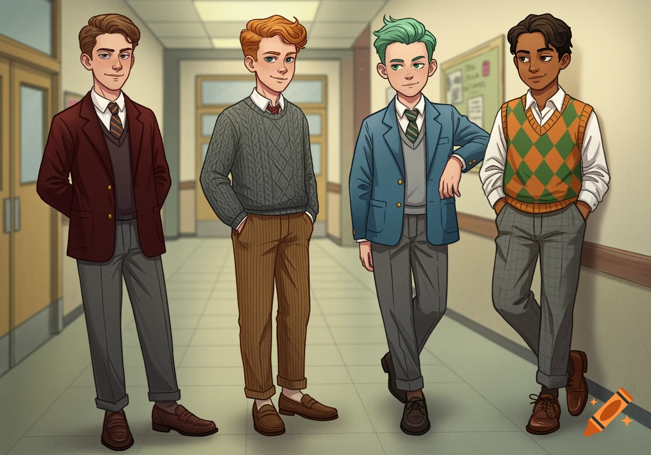 Stylized anime illustration of four teenage boys standing in a school hallway.