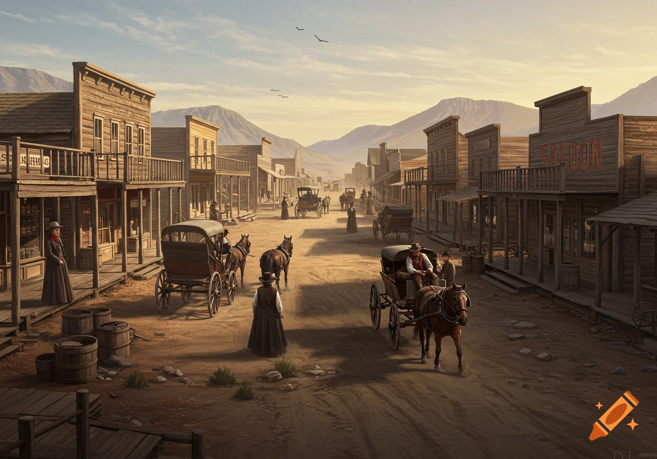 Street view of a bustling Western town with wooden buildings, people, horses, and carriages.