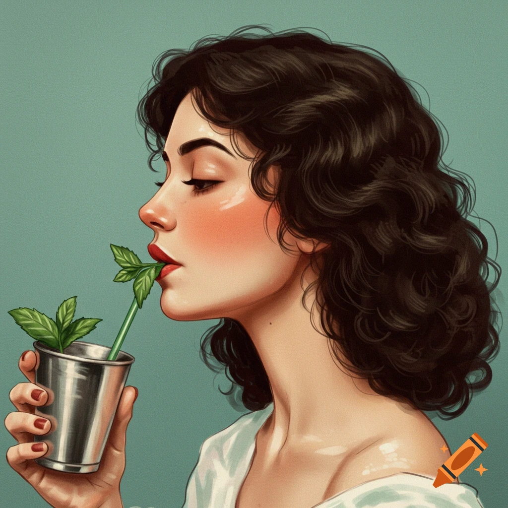 Profile portrait illustration of a woman drinking a mint julep.