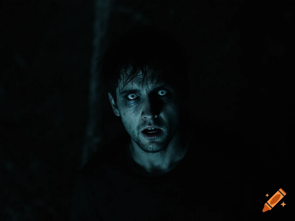 Close-up portrait of a man with wide eyes looking scared in the dark.