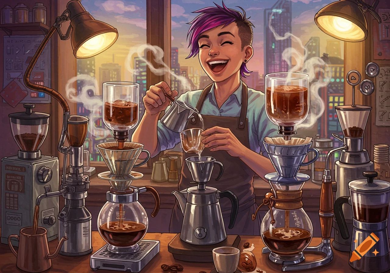 Illustration of a barista making coffee with complex equipment in a coffee shop overlooking a city.