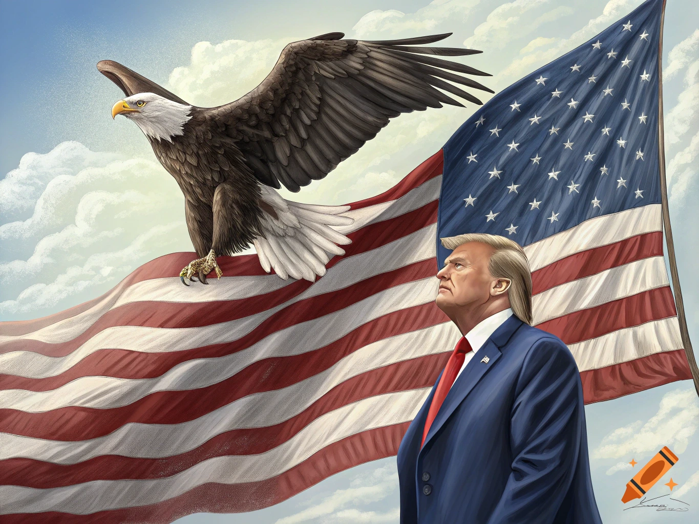 Digital painting of a bald eagle perched on an American flag with Donald Trump looking up at it.