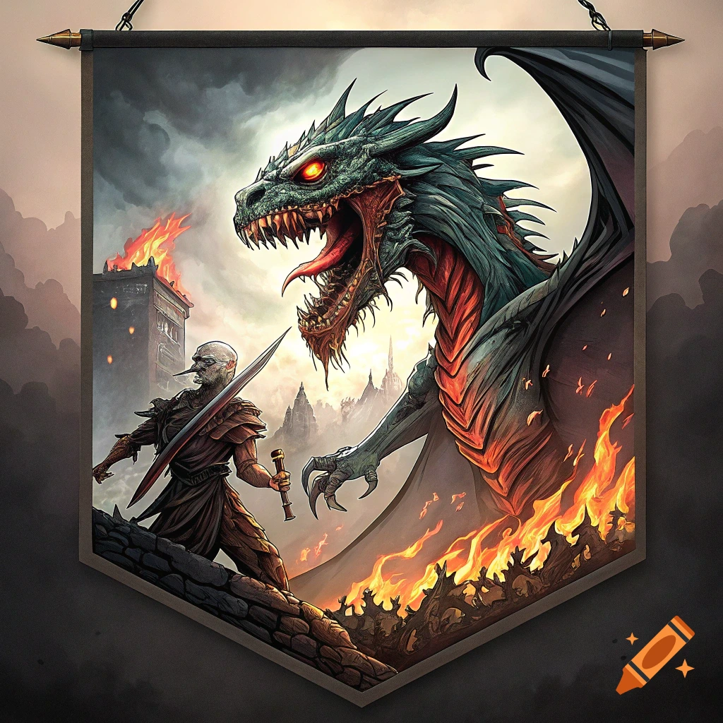 Fantasy banner depicting a fierce dragon battling a human warrior amidst fire and smoke.