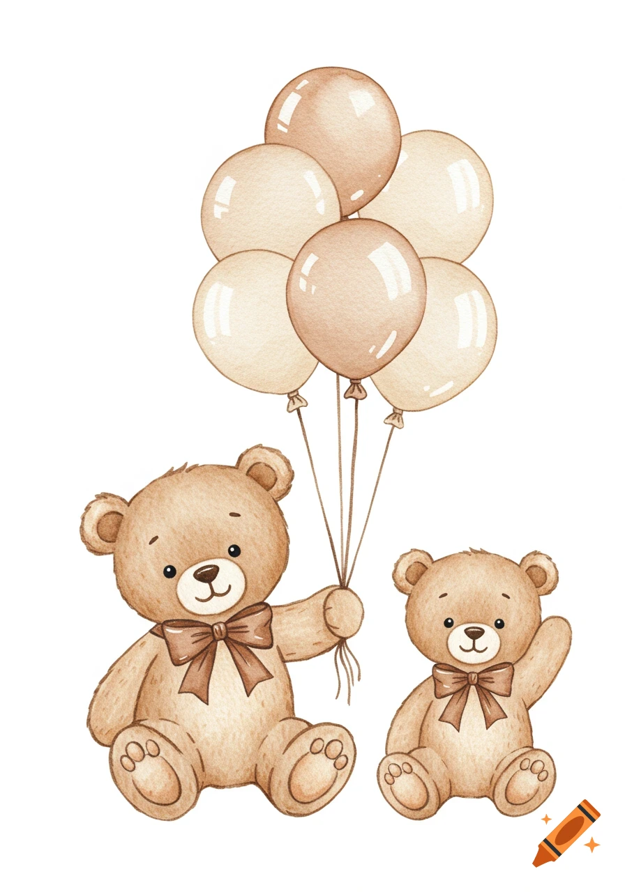Watercolor illustration of two teddy bears, one holding balloons.